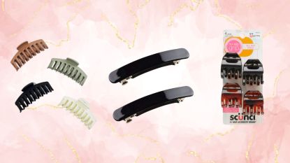 Collage of hair clips for thin hair on pink and gold background.