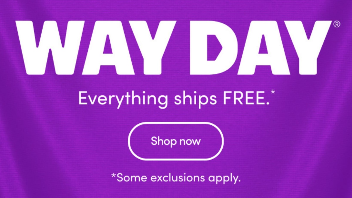White text that reads 'Way Day Everything ships free shop now' arranged on a purple background for Wayfair's sale.