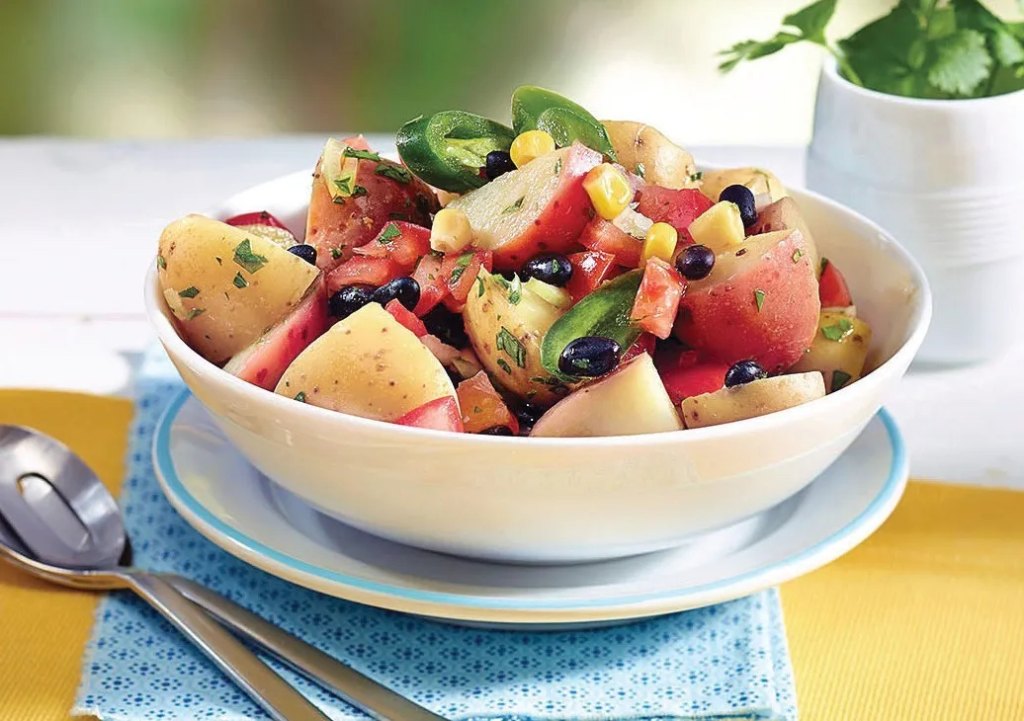Warm Salsa Potato Salad as part of a recipe roundup of budget-friendly meals