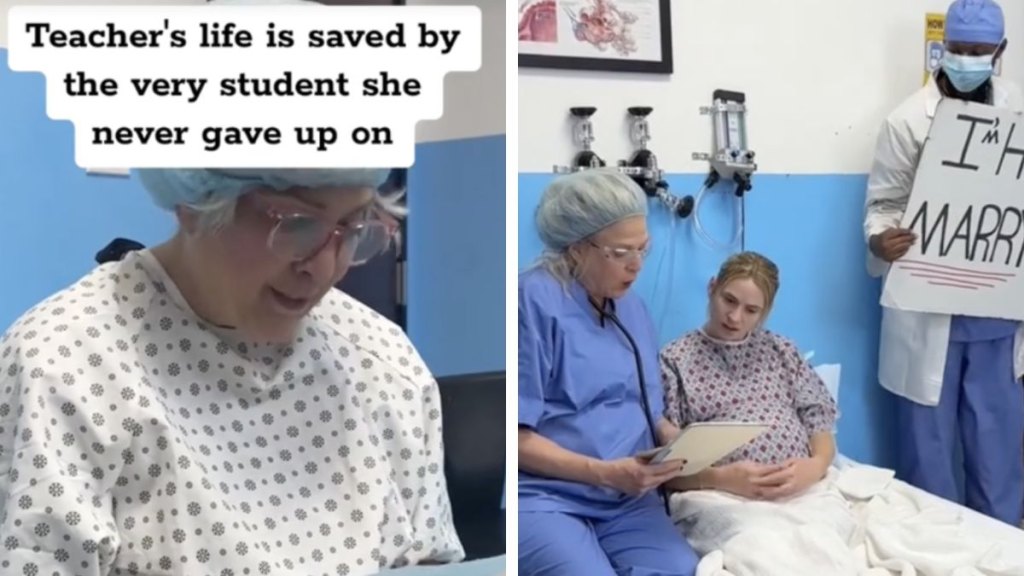 Screenshots of the Mrs.Chamberlin and Dr.Derek video and another video posted by the user showcasing how similar the backgrounds are 