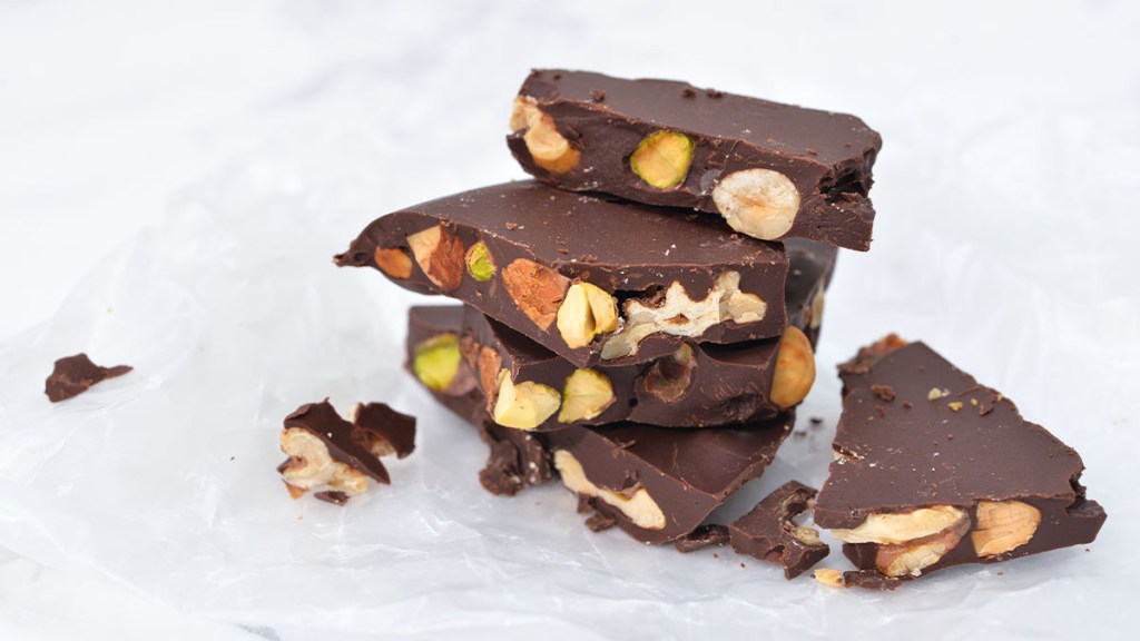 Pieces of magnesium-rich chocolate nut bark