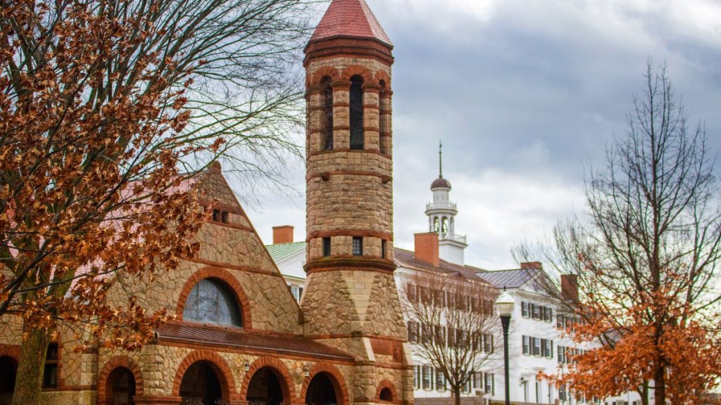 Early winter view of Rollins Chapel and Dartmouth Hall at Dartmouth College in Hanover, New Hampshire, USA.