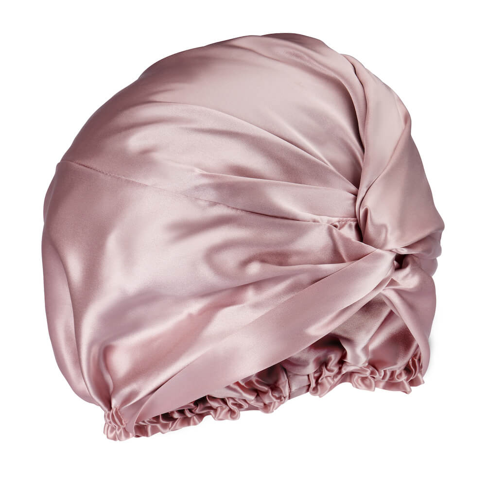 Pink silk hair bonnet.