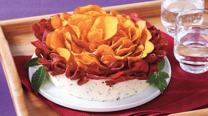 Cheese ball topped veggie chips