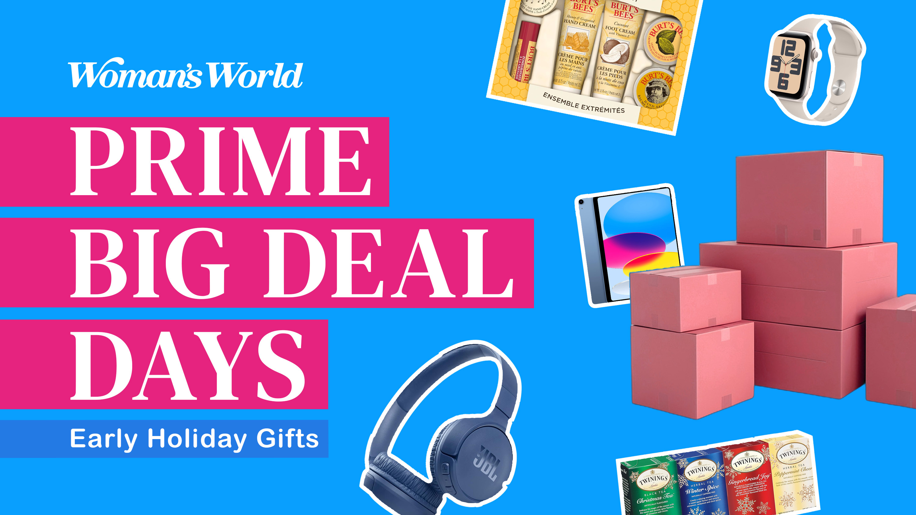 An image with boxes and various Amazon products next to text that reads 'Woman's World Prime Big Deal Days Early Holiday Gifts.'