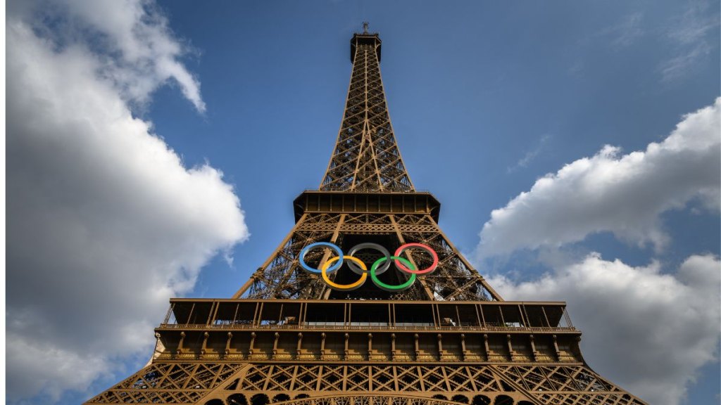 A photo shows the Olympic rings on the Eiffel Tower ahead of the Paris 2024 Olympic Games in Paris, on July 24, 2024.