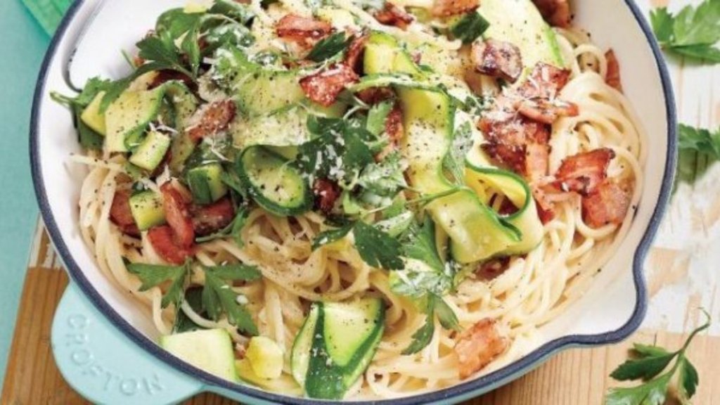 zucchini ribbon pasta with bacon as part of a roundup of lunch prep ideas