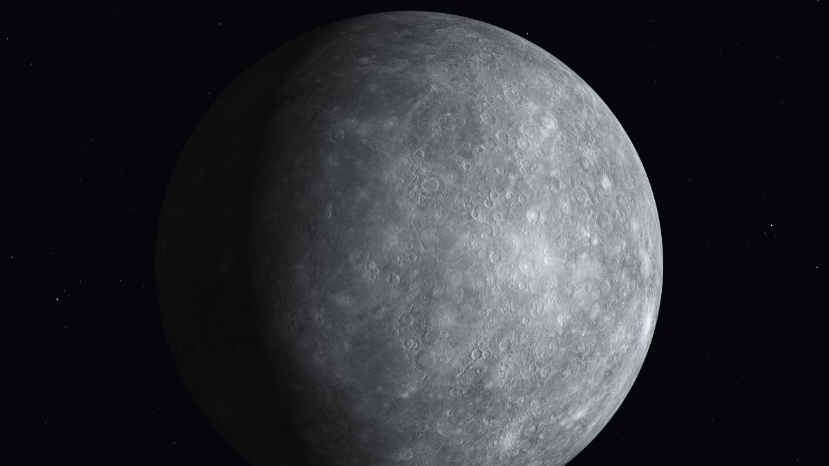 Computer generated 3D illustration with the planet Mercury partially illuminated by the sun