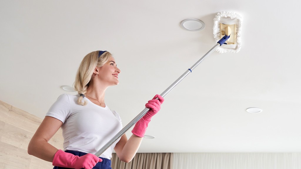 woman cleaning mold on ceiling with a mop