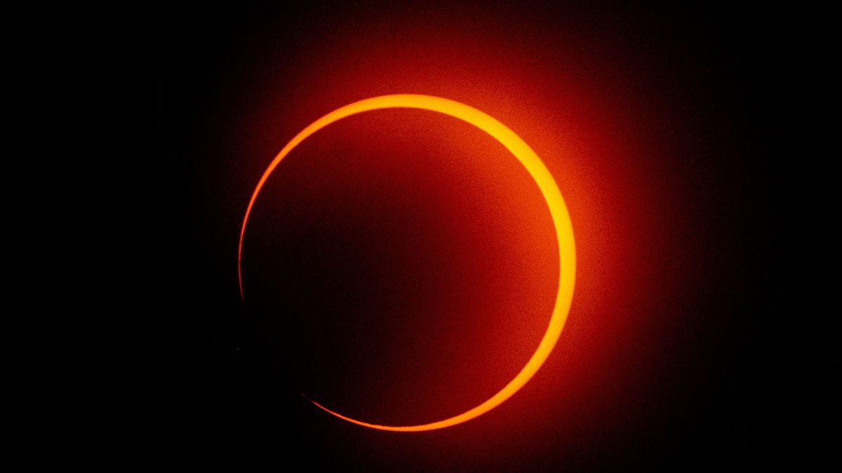The moon crosses in front of the sun during the annular solar eclipse in Penonome, Panama, on October 14, 2023. (