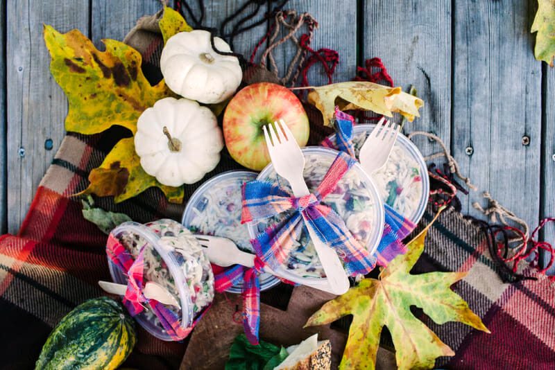 Fall picnic ideas: To-go picnic bites packaged in plastic containers with a flannel ribbon and wooden utensil tucked in the top