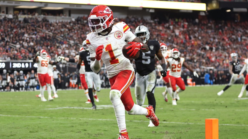 Xavier Worthy #1 of the Kansas City Chiefs