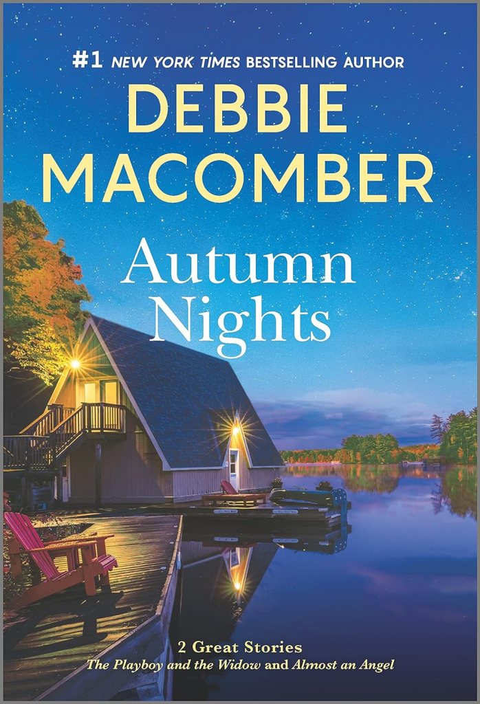 Cozy Fall Reads: Autumn Nights by Debbie Macomber book cover that shows a fall lakeside scene at dusk