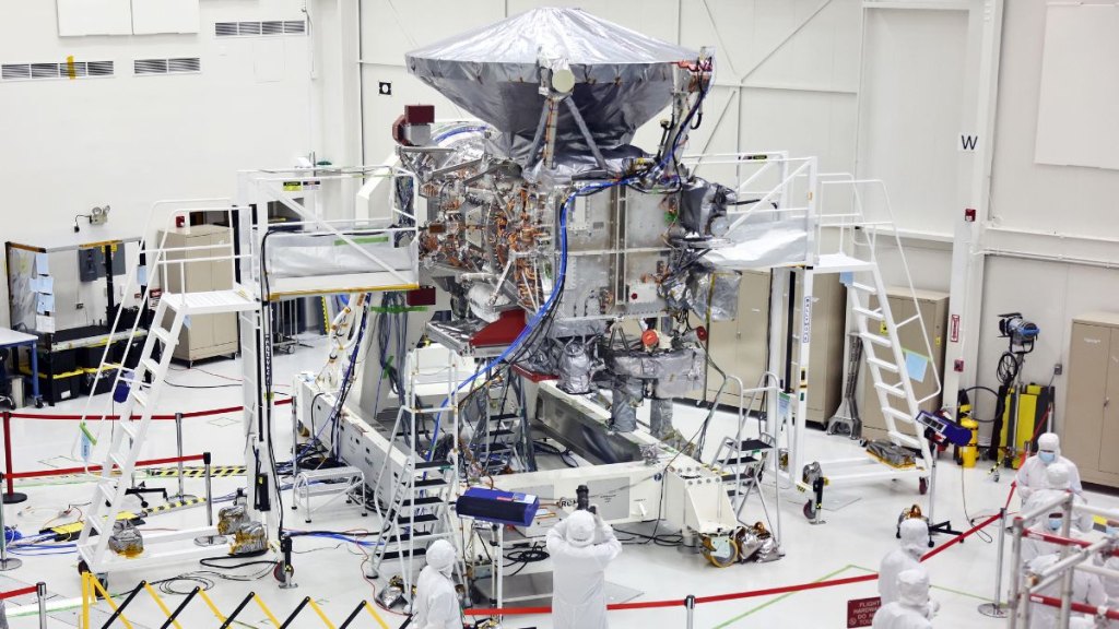 The NASA Europa Clipper spacecraft is viewed during a media tour inside a Spacecraft Assembly Facility clean room at NASA's Jet Propulsion Laboratory (JPL) on April 11, 2024 in Pasadena, California. The spacecraft is scheduled to investigate and perform flybys of Europa, Jupiter's moon, where data suggests a global ocean of water lies beneath the icy surface which may be habitable for life. The spacecraft is scheduled to launch from NASA’s Kennedy Space Center in Florida in October.