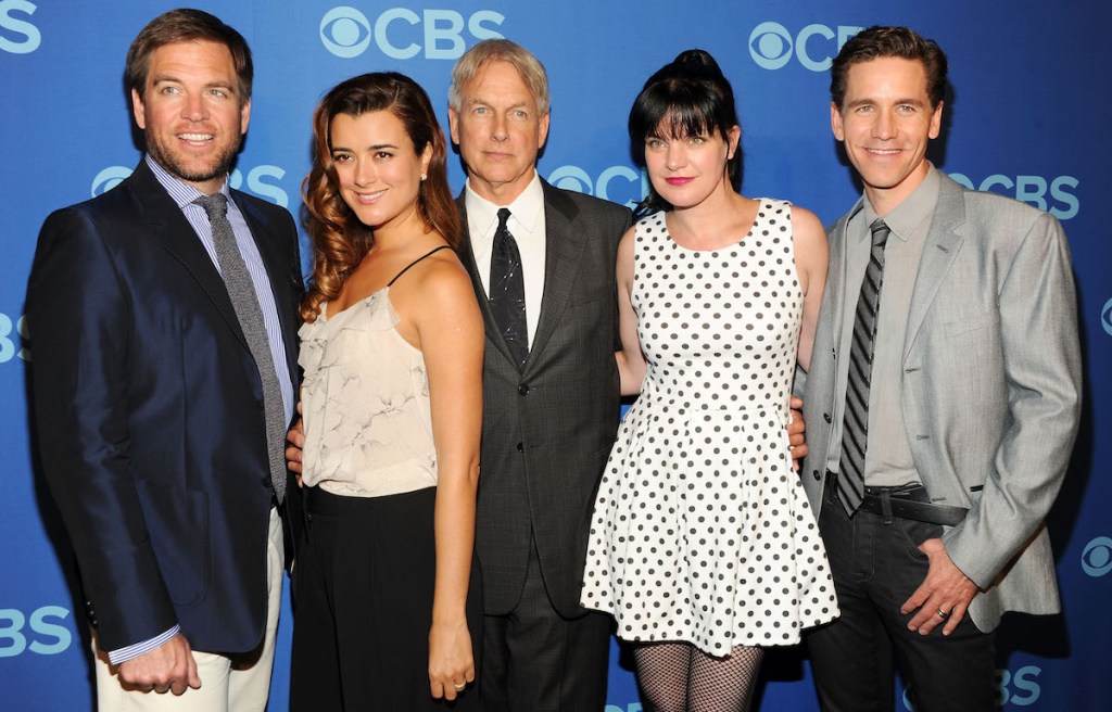 Cast of NCIS Michael Weatherly, Cote de Pable, Mark Harmon, Pauley Perrette and Brian Dietzen attend CBS 2013 Upfront Presentation at The Tent at Lincoln Center on May 15, 2013 in New York City
