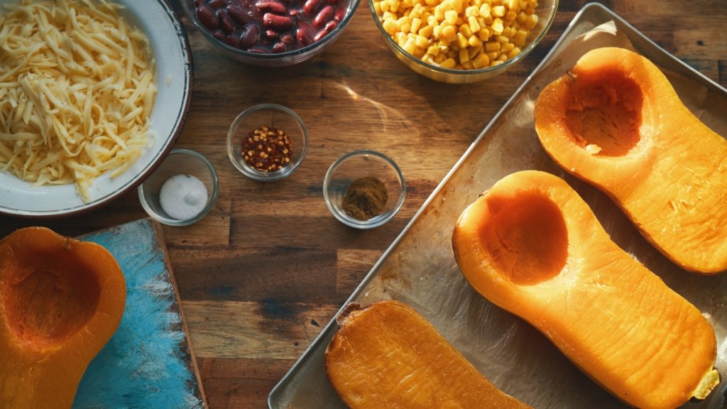 Squash, corn and beans being prepared