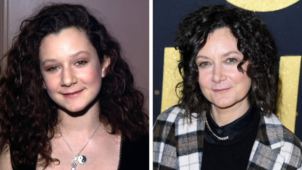 Side-by-side of Sara Gilbert then and now