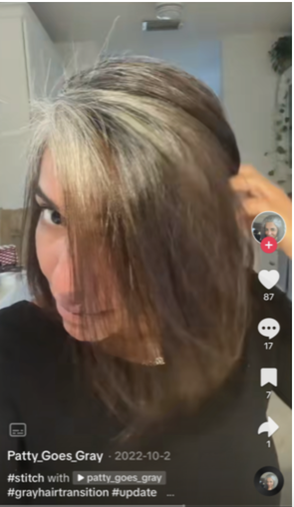 TikTok user @Patty_Goes_Gray demonstrates how she uses blue shampoo to eliminate the orange tones in her hair and keep her gray-to-brunette ombre bob chic and cool-toned.