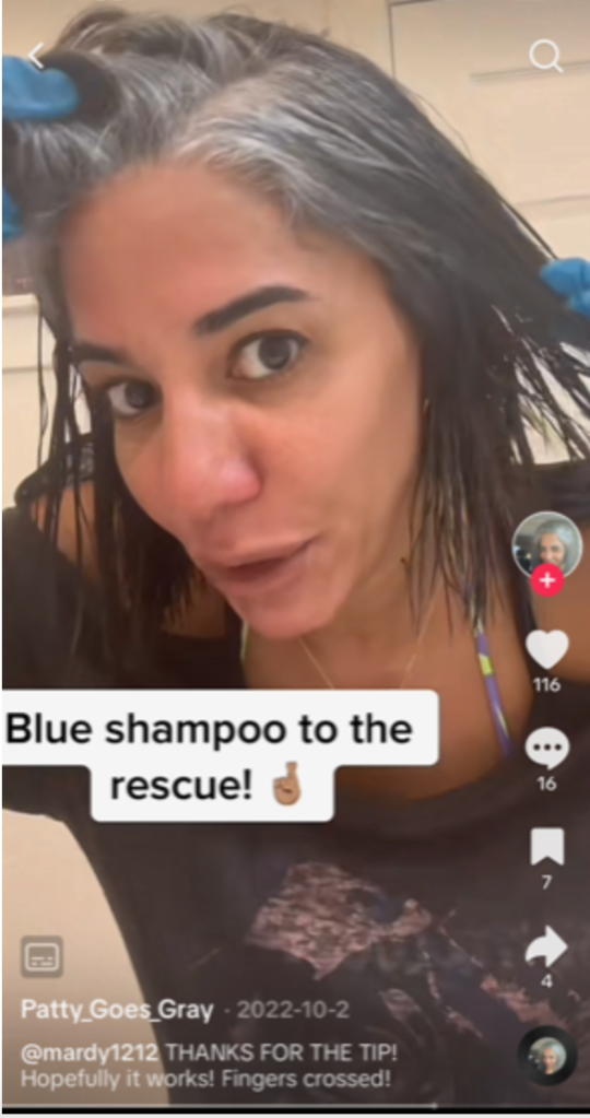 TikTok user @Patty_Goes_Gray demonstrates how she uses blue shampoo to eliminate the orange tones in her hair and keep her gray-to-brunette ombre bob chic and cool-toned.