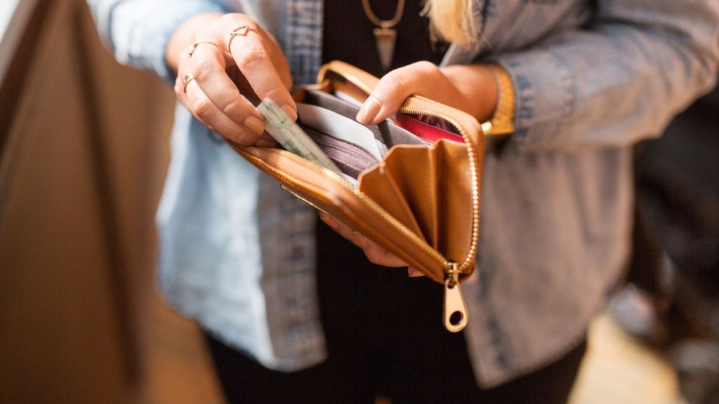 Woman holding open wallet and banknote -