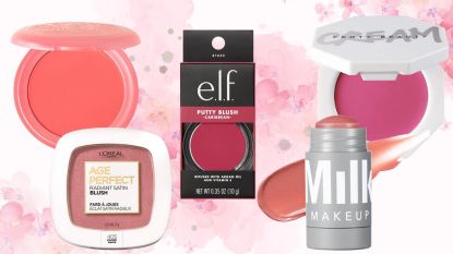 Collage of the the best blushes for mature skin on pink and white background.