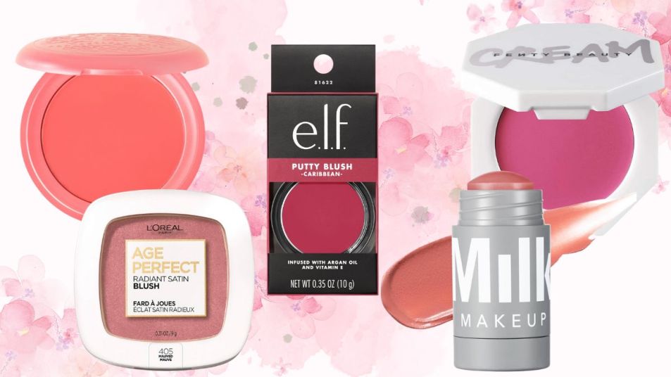 Collage of the the best blushes for mature skin on pink and white background.