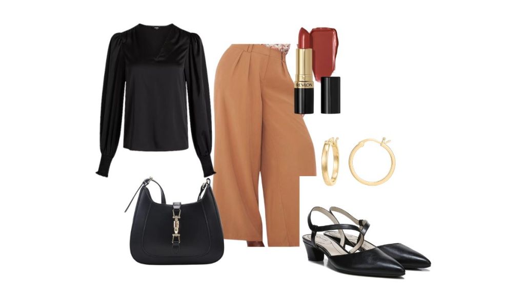 tan pants with black top for styling wide leg pants