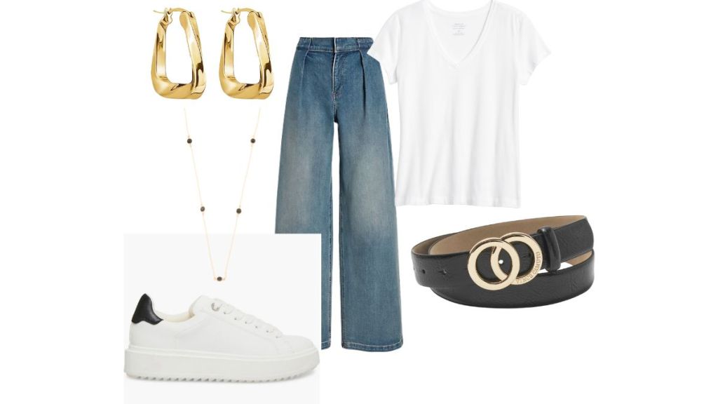 white tee with jeans, sneakers and accessories