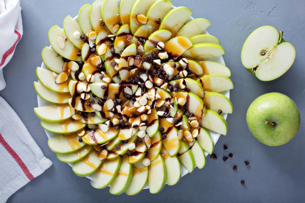 caramel apple nachos with white and dark chocolate chips and almonds