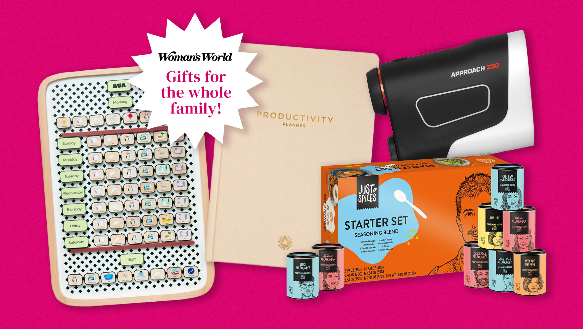 An image of various gifts I'm giving this holiday season as a shopping editor with a callout that has the Woman's World logo and 'Gifts for the whole family!'