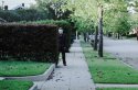 man standing behind bush