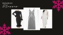 An image with a black background and hot pink snowflakes with white text that reads 'holiday dresses' and images of the styles from Nordstrom Rack.