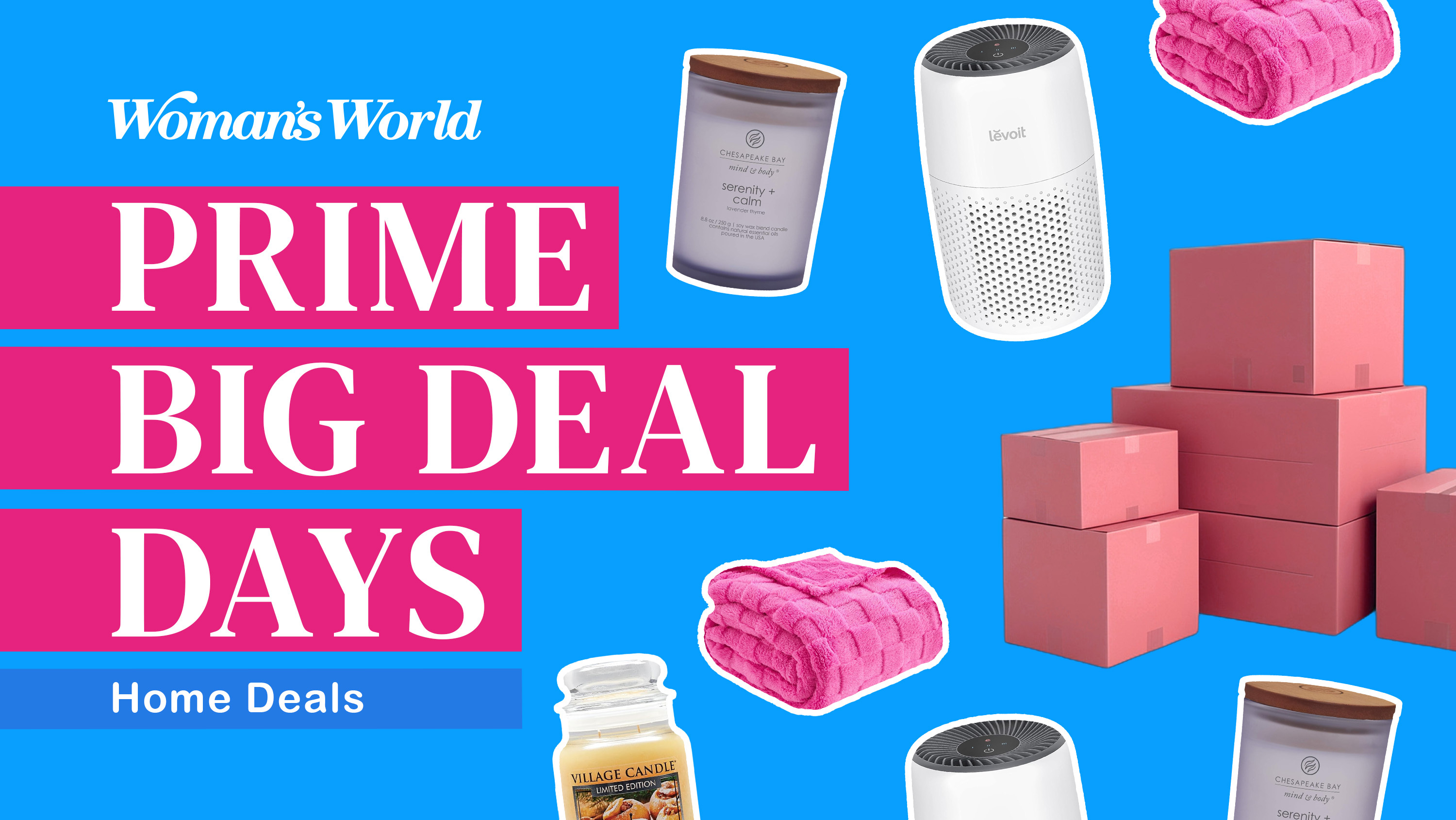 Various Amazon home products with the 'Woman's World' logo and text that reads 'Prime Big Deal Days Home Deals.'