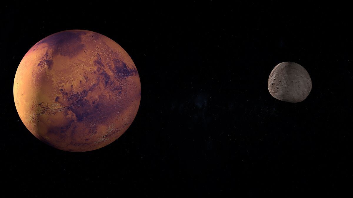 Pallas asteroid orbiting near of Mars planet. 3d render