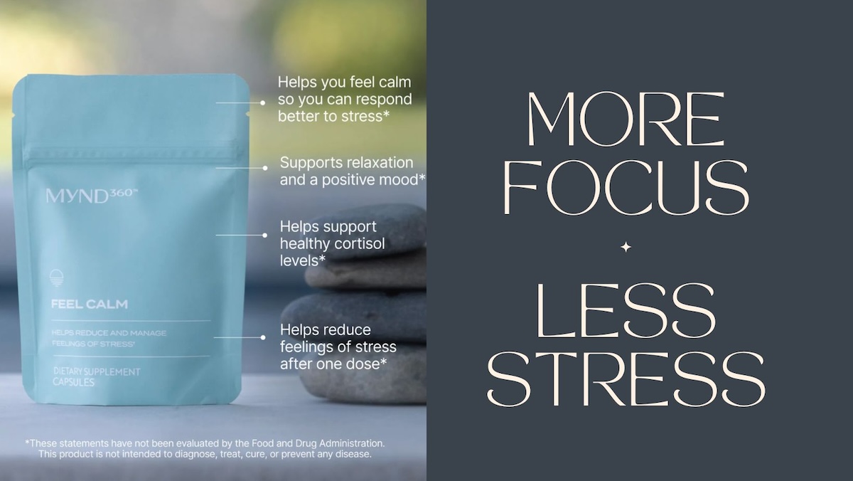 Nu Skin product MYND360 Feel Calm next to text that reads 'More Focus Less Stress.'