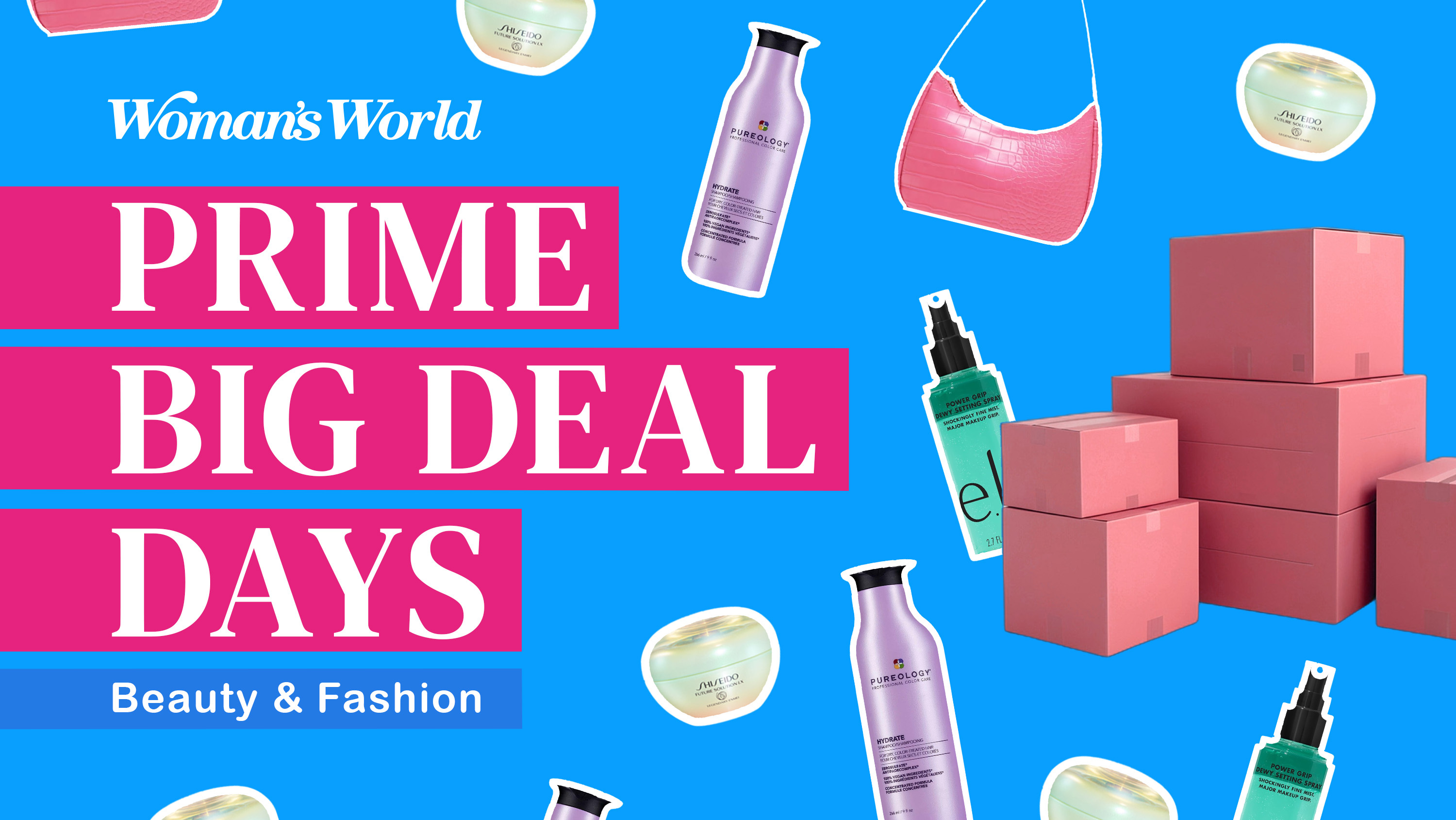 An image with boxes and various beauty products from Amazon, the 'Woman's World' logo, and text that reads 'Prime Big Deal Days Beauty and Fashion.'