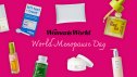 Various products for women going through menopause arranged on a pink background with the Woman's World logo and text reading 'World Menopause Day.'