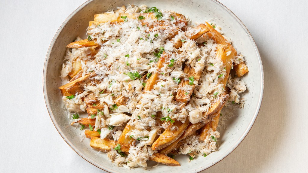 Crab fries served in a bowl