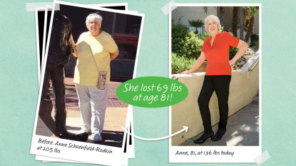before and after photos of Anne Rodkin who dropped 69 lbs at age 81 with the help of protein pasta for weight loss