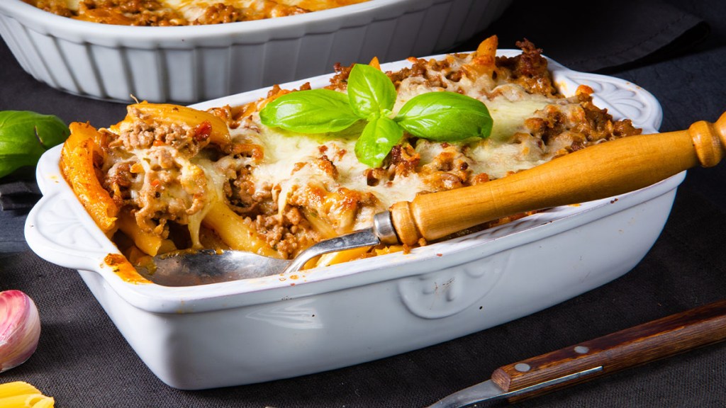 Casserole of baked ziti made with protein pasta for weight loss