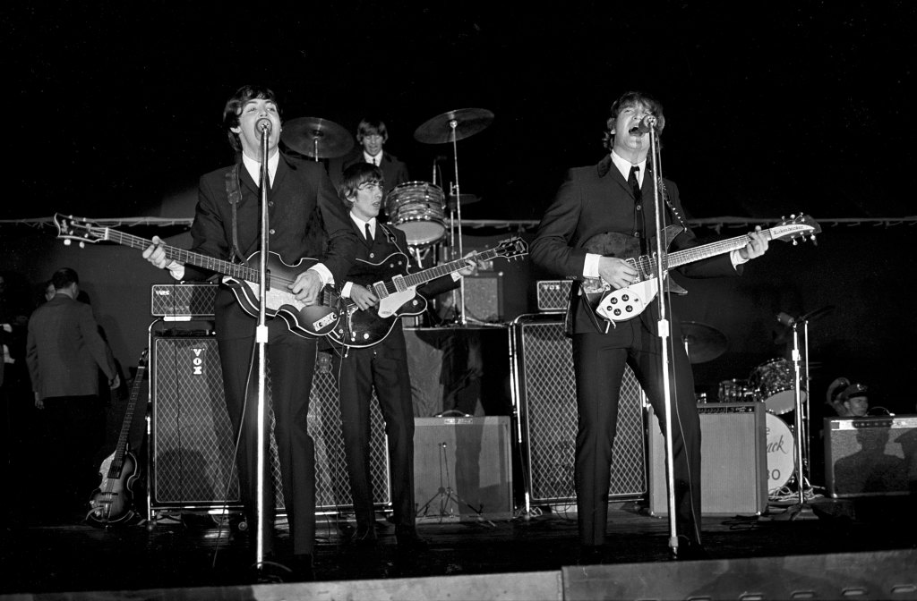 The Beatles play Forest Hills Tennis Stadium on August 28, 1964 in New York, NY. 