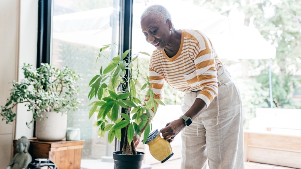 A woman in a striped shirt watering plants to fend off an afternoon slump