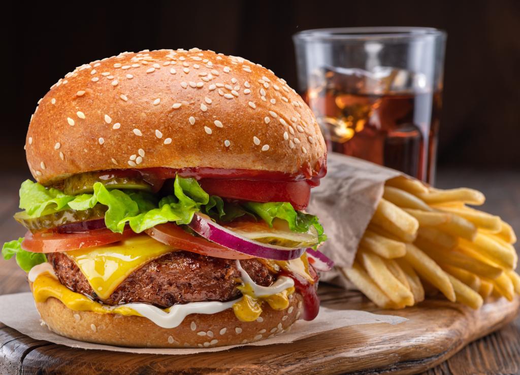 burger, fries, soda