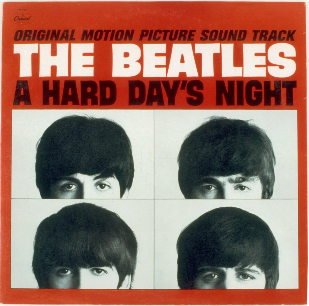 Album cover for rock and roll band "The Beatles" album entitled "A Hard Day's Night" which was released on July 10, 1964. (Clockwise from bottom left) George Harrison, Paul McCartney, John Lennon, Ringo Starr.
