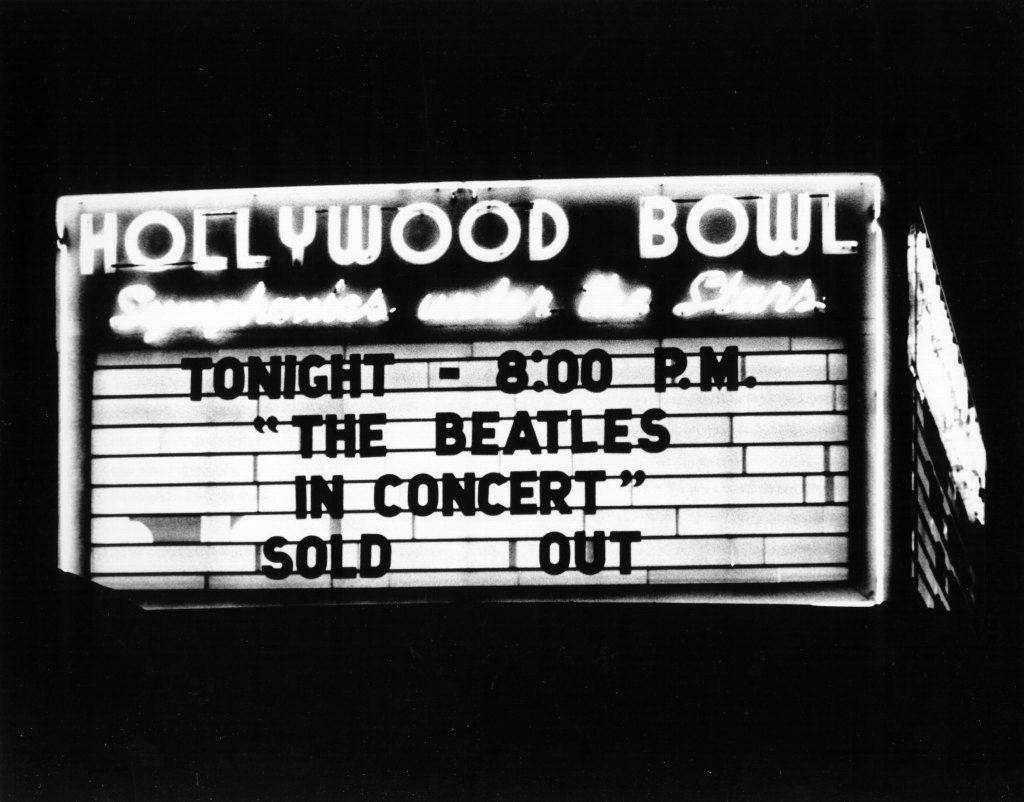 LOS ANGELES - AUGUST 23: Marquee of the Hollywood Bowl when the rock and roll band "The Beatles" performed there on August 23, 1964 in Los Angeles, California. 