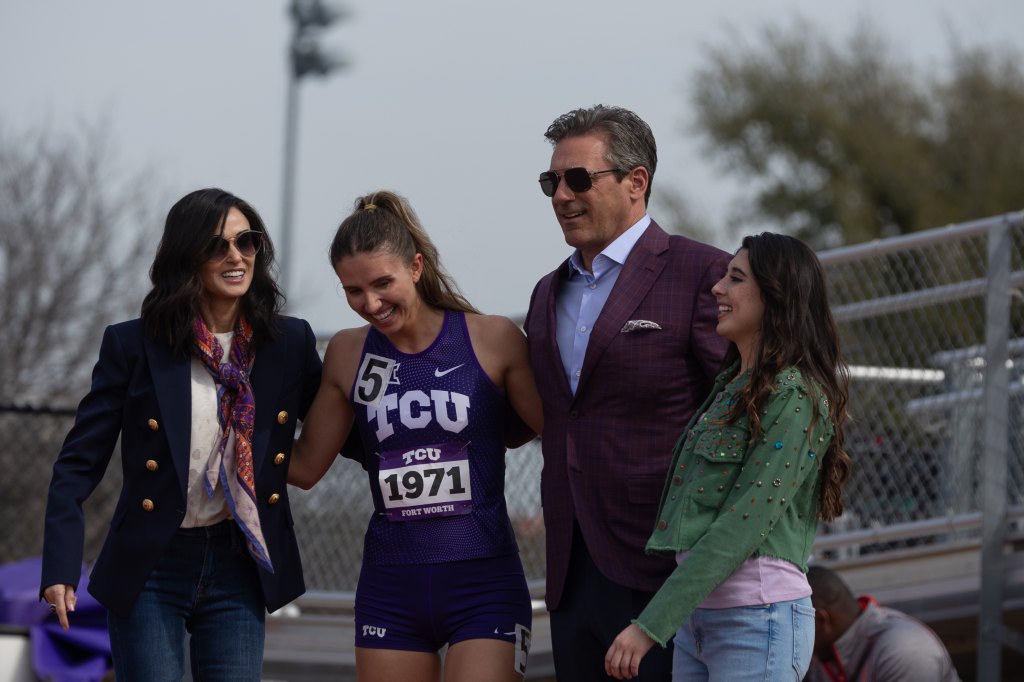 Demi Moore as Cami Miller, Dani Raen as Grace Miller, Jon Hamm as Monty Miller, and Rylie Rodriguez as Monty’s daughter, Landman, 2024