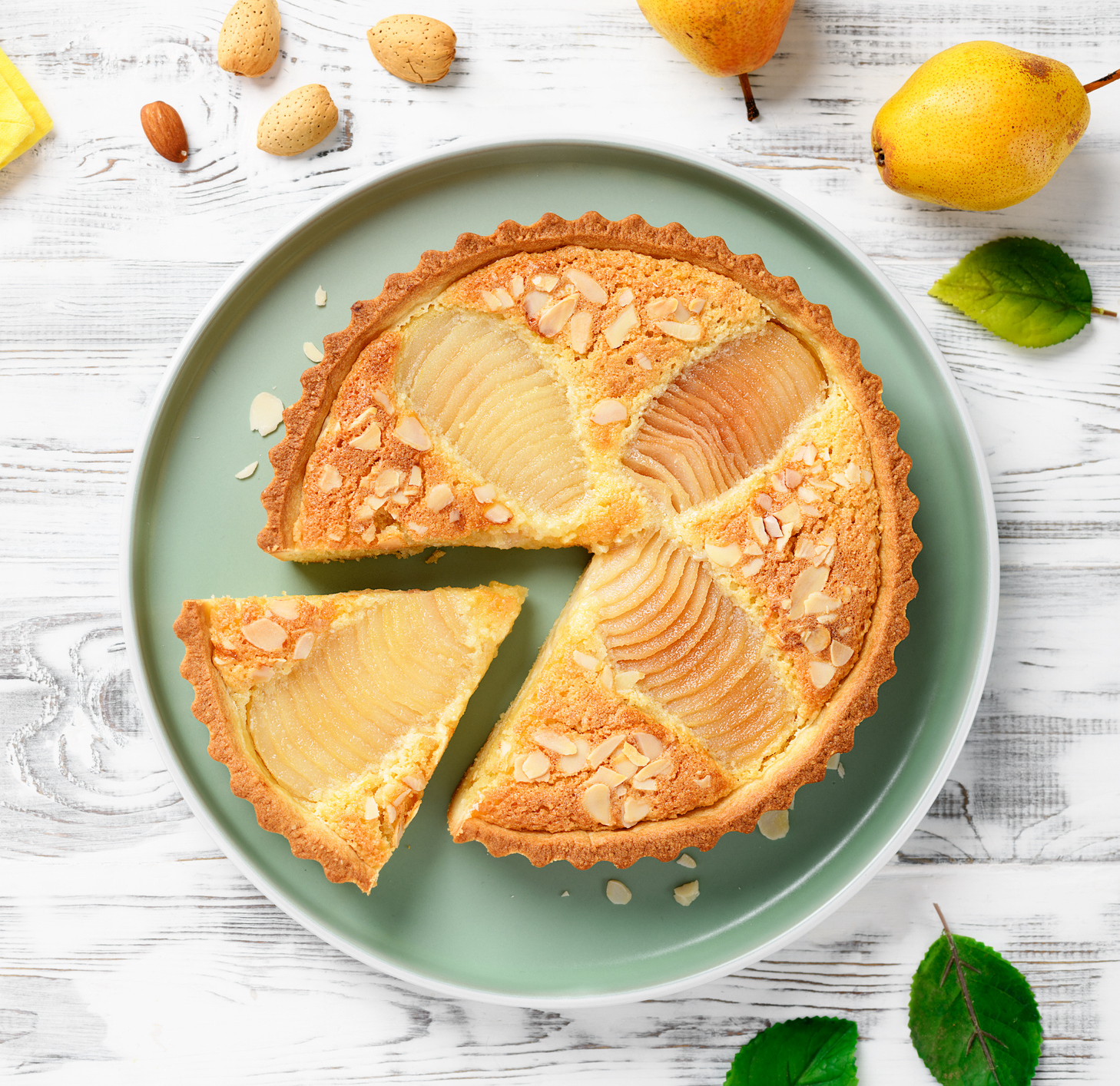 Pear frangipane tart on a plate