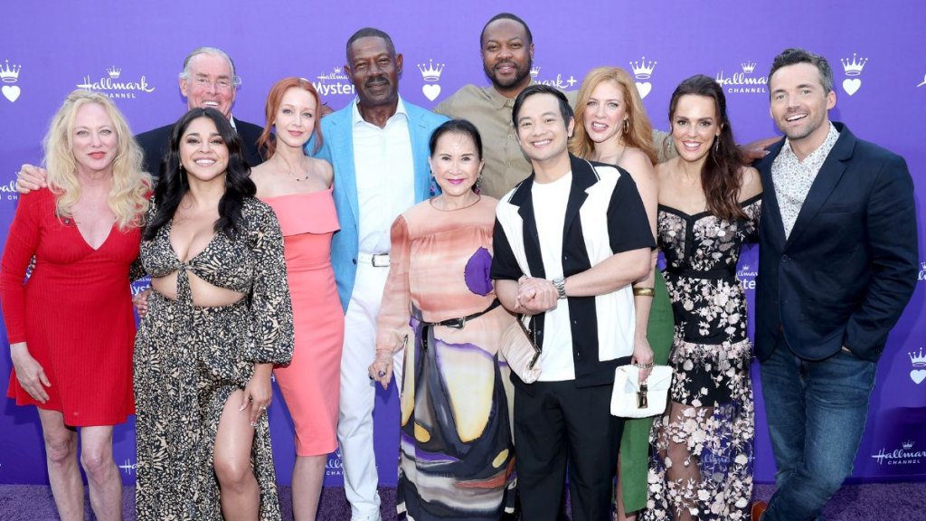 (L-R) Virginia Madsen, John C. McGinley, Noemí González, Lindy Booth, Dennis Haysbert, Lucille Soong, Ser'Darius Blain, Osric Chau, Rachelle Lefevre, Erin Cahill and Ian Harding attend Hallmark Media’s cocktail reception during the Summer 2024 Television Critics Association Press Tour at The Langham Huntington in Pasadena, CA on July 11, 2024.