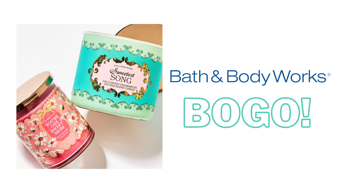 An image of Bath and Body Works candles next to the store logo and text that reads 'BOGO.'