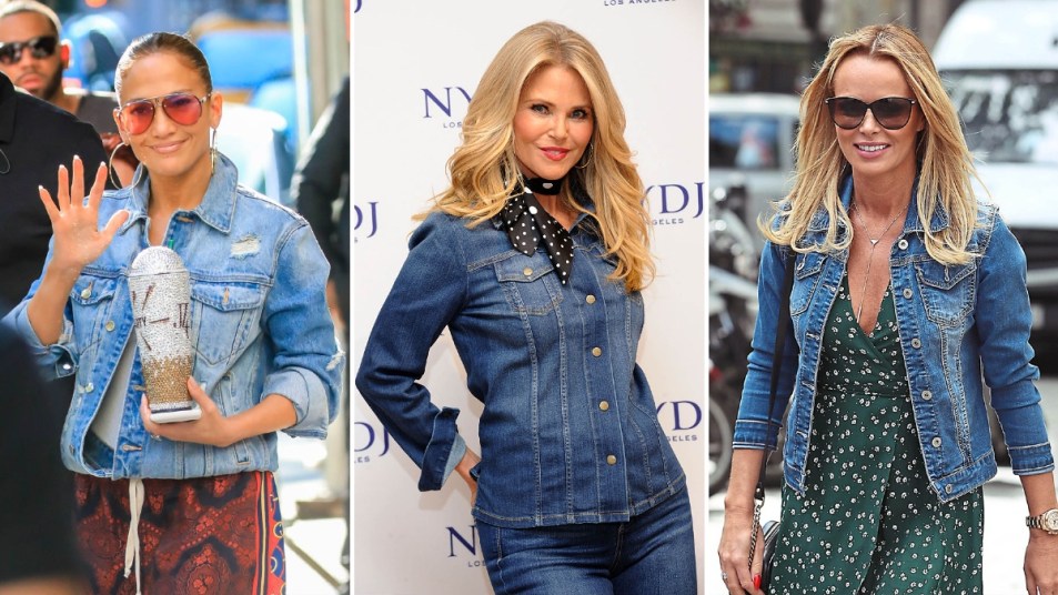 Collage of celebrities wearing jean jackets.